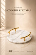 The Monolith Circular Marble Serving Tray – Luxury Calacatta Stone with Curved Brass Handles