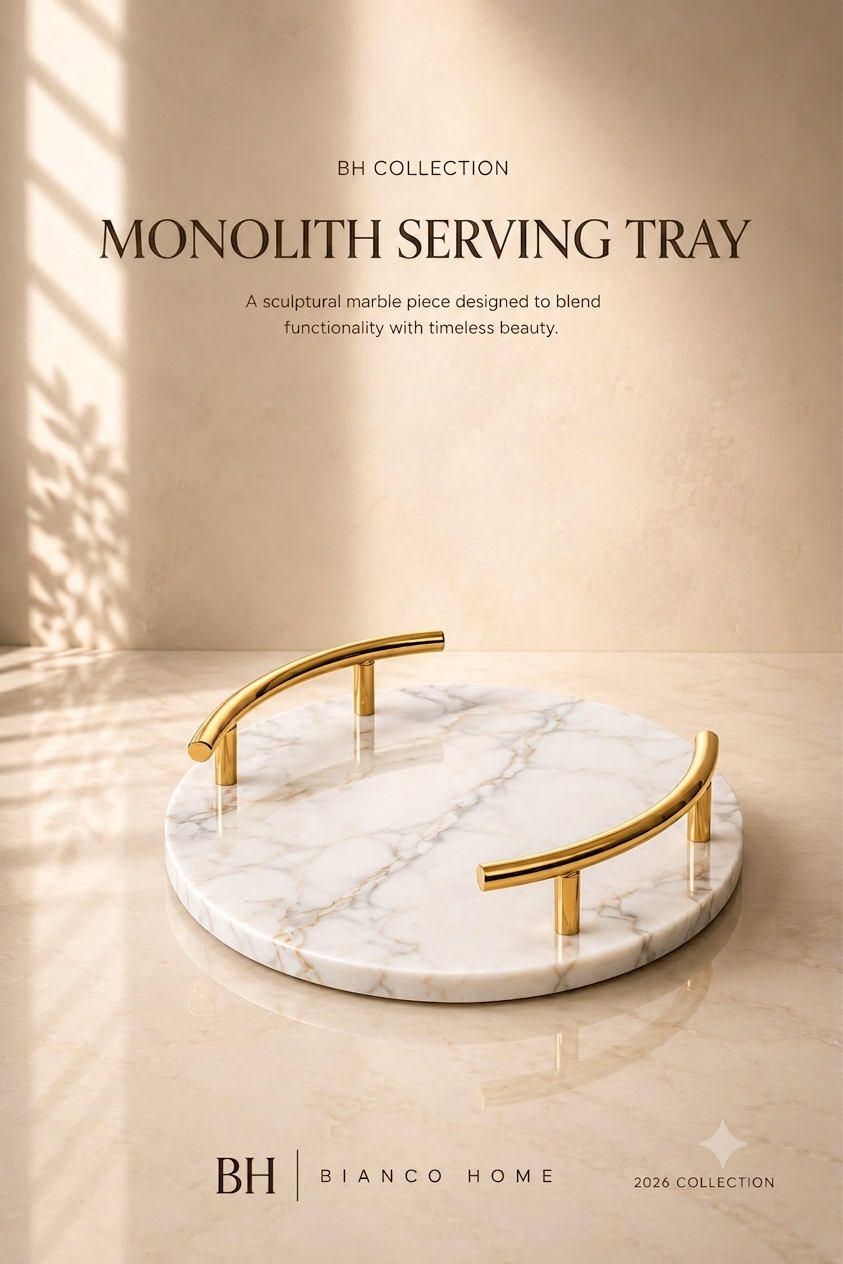 The Monolith Circular Marble Serving Tray – Luxury Calacatta Stone with Curved Brass Handles